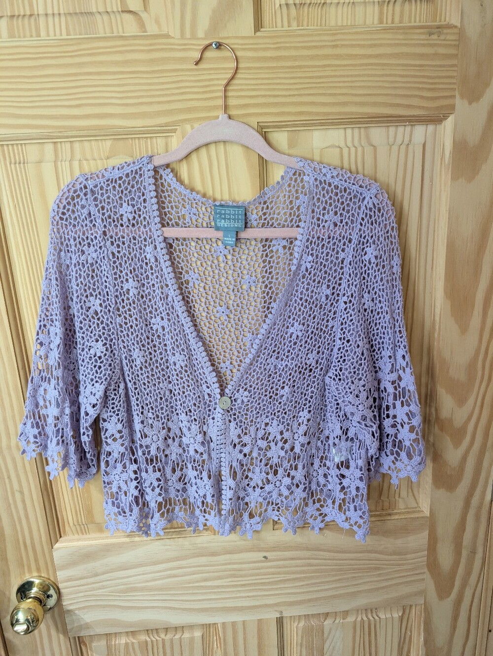 Women's Rabbit Rabbit Designs L Lavender Crochet Openwork Half-sleeve Cardigan